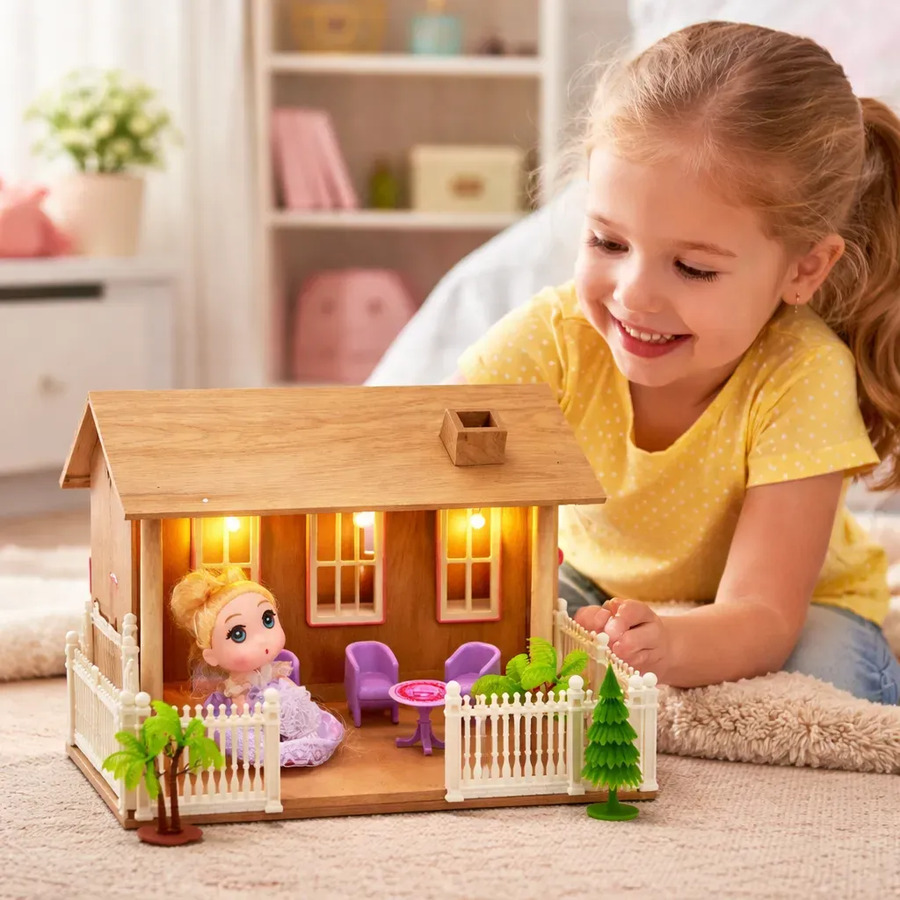 Casita Para Muñecas De Madera Con Luz Y Accesorios